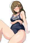  1girl ahoge ariaridoradora arm_support arm_under_breasts bare_shoulders blue_one-piece_swimsuit blush braid breasts brown_eyes brown_hair character_name cleavage collarbone competition_school_swimsuit dot_nose highres idolmaster idolmaster_shiny_colors knee_up kuwayama_chiyuki large_breasts long_hair looking_away name_tag old_school_swimsuit one-piece_swimsuit open_mouth school_swimsuit shy sideboob simple_background single_braid sitting solo sweatdrop swimsuit white_background wince 