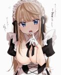  1girl aoba_miu black_dress blonde_hair blue_eyes breasts chigusa_minori cleavage commentary_request detached_collar dress finger_to_own_chin gloves half_gloves highres kokoro_iroduku_koi_ga_shitai large_breasts long_hair looking_at_viewer maid maid_headdress open_mouth puffy_short_sleeves puffy_sleeves short_sleeves sidelocks simple_background single_hair_tube solo sweatdrop teeth translation_request upper_body white_background white_gloves 