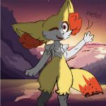  2023 absurd_res andromorph anthro braixen burnt_fur canid canine colored digital_media_(artwork) english_text fox fur generation_6_pokemon hi_res humanoid intersex looking_at_viewer mammal nintendo pokemon pokemon_(species) red_body red_fur smile smoke_rasbarry solo tail text videx white_body white_fur yellow_body yellow_fur 