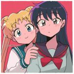  2girls bishoujo_senshi_sailor_moon blue_eyes blue_sailor_collar blush bow double_bun friends hair_bun hino_rei lowres multiple_girls purple_hair purple_sailor_collar red_background red_bow sailor_collar school_uniform simple_background smile tsubobot tsukino_usagi 