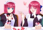  2girls apron bangs blue_bow blue_eyes blush bow brown_dress brown_kimono cake cake_slice chair closed_eyes closed_mouth commentary_request dress food food_on_face fork fruit hair_between_eyes hair_bow half_updo heart hisui_(tsukihime) holding holding_fork japanese_clothes juliet_sleeves kimono kohaku_(tsukihime) lo_lis long_sleeves maid maid_apron maid_headdress multiple_girls neck_ribbon open_mouth plate puffy_sleeves red_hair red_ribbon ribbon short_hair siblings signature sisters sitting smile strawberry table tsukihime twins wa_maid white_apron wide_sleeves 