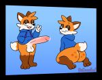  anthro balls blue_clothing blue_hoodie blue_topwear bodily_fluids brown_body brown_fur butt canid canine clothing drcreamsoul fox fur genital_fluids genitals gesture gloves handwear hi_res hoodie humanoid_genitalia humanoid_penis looking_at_viewer looking_back male mammal orange_body orange_fur penis precum smile smiling_at_viewer solo soups_(superiorfox) superiorfox topwear v_sign 