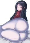  1girl absurdres adele_(maplestory) ass ass_focus bed_sheet black_hair closed_mouth from_behind frown grey_eyes high_collar highres kel_(pixiv77786190) long_hair looking_back maplestory pants parted_bangs pointy_ears simple_background solo tight tight_pants white_background white_pants 