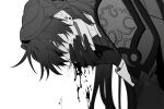  1boy black_gloves blade_(honkai:_star_rail) blood coughing_blood earrings gloves greyscale hand_on_own_face highres honkai:_star_rail honkai_(series) jacket jewelry long_hair long_sleeves male_focus monochrome parted_bangs simple_background solo upper_body white_background xing139057 