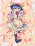  1girl black_footwear black_headwear blue_hair blue_skirt blush boots buttons center_frills flower food frilled_skirt frills fruit fruit_hat_ornament full_body hair_between_eyes hat hat_ornament highres hinanawi_tenshi holding holding_food holding_fruit itomugi-kun long_hair open_mouth peach peach_hat_ornament puffy_short_sleeves puffy_sleeves rainbow_order red_eyes shirt short_sleeves skirt solo touhou white_flower white_shirt 