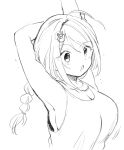  1girl ahoge arm_up braid breasts chougei_(kancolle) commentary_request hair_ornament hairclip highres kantai_collection kirisawa_juuzou large_breasts lineart long_hair monochrome open_mouth single_braid solo stretching tank_top translation_request whale_hair_ornament 