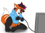  4:3 anthro black_body black_fur black_hair black_nose blue_clothing blue_eyes blue_hoodie blue_topwear bottomwear canid clothing controller crotch_tuft ear_piercing ear_ring eyewear fangs fur gaming glasses hair heterochromia holding_controller holding_object hoodie kuttoyaki licking licking_lips licking_own_lips male mammal multicolored_hair open_mouth orange_body orange_fur piercing playing_videogame purple_eyes purple_hair ring_piercing simple_background sitting solo spread_legs spreading striped_ears teeth tongue tongue_out topwear tuft two_tone_hair wearing_glasses white_background white_body white_fur 