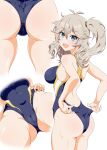  1girl absurdres adjusting_clothes adjusting_swimsuit antenna_hair ass blue_eyes blue_one-piece_swimsuit cameltoe commentary_request competition_swimsuit cowboy_shot from_behind from_below grey_hair highres kasukabe_tsumugi long_hair looking_at_viewer looking_back messy_hair multicolored_clothes multicolored_swimsuit multiple_views one-piece_swimsuit ponytail simple_background standing swimsuit usazirou539 voicevox white_background 