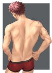  1boy arm_tattoo back back_focus bara boxer_briefs brown_hair dan_(mondi_hl) earrings highres jewelry male_focus male_underwear mondi_hl muscular muscular_male original red_male_underwear short_hair solo tattoo twitter_username underwear 