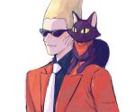  1boy animal_on_shoulder bandana bandana_around_neck black_cat black_shirt blonde_hair cat cat_(ghost_trick) cat_on_shoulder closed_mouth collared_shirt colored_sclera ghost_trick jacket light_smile male_focus necktie open_clothes open_jacket red_bandana red_jacket renshu_usodayo shirt simple_background sissel solo sunglasses upper_body white_background white_necktie yellow_sclera 