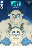  2018 absurd_res anthro beard bentley_(spyro) blue_background blue_body blue_nipples blue_skin broken_horn broken_nails brown_horn colored_nails cover cover_art cover_page duo english_text evil_grin facial_hair frown frown_eyebrows fur grey_nails half-length_portrait hands_on_shoulders hi_res horn humanoid_hands licking looking_at_another looking_down looking_up male male/male muscular muscular_anthro muscular_male nails nipples pink_eyes portrait rhodenspire ribs rocco_the_yeti scar shadow sharp_teeth signature simple_background smile teeth text tongue tongue_out tusks white_beard white_body white_fur yeti 
