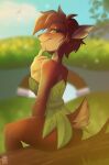  2022 activision anthro artist_name blurred_background breasts brown_hair butt canid canine clothing deer digital_media_(artwork) dress elora eyebrows eyelashes faun faun_(spyro) female fox green_eyes hair hi_res leaf_clothing looking_at_viewer mammal narrowed_eyes notched_ear outside rin_tyan satyr scut_tail short_tail sitting smile smiling_at_viewer solo spyro_the_dragon tail 