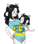  2018 4_ears absurd_res anthro anthrofied black_hair bottomless carrying_another clothed clothing dot_eyes feral fur hair hi_res jel-ly multi_ear pattern_clothing pattern_shirt pattern_topwear shirt square_crossover striped_clothing striped_shirt striped_topwear stripes tail tem temmie_(undertale) topwear undertale undertale_(series) white_body white_fur 