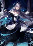  1girl :o absurdres black_dress blue_butterfly blue_eyes blue_nails breasts bridal_gauntlets bug butterfly cape cleavage dress fate/grand_order fate_(series) grey_hair hair_between_eyes hair_ornament highres holding holding_staff holding_weapon large_breasts long_hair looking_at_viewer misaki346 morgan_le_fay_(apex)_(fate) morgan_le_fay_(fate) official_alternate_costume signature solo staff very_long_hair weapon white_cape white_dress 