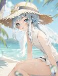  1girl alternate_costume and_uge beach blue_shorts blue_sky blunt_bangs blush collared_shirt commentary day feet_out_of_frame flat_chest flower grey_hair hat hat_flower highres joints leaf_hat_ornament leaning_forward long_hair looking_at_viewer low_twintails medium_bangs nanashi_inc. ocean open_mouth outdoors palm_tree pink_flower robot_joints sand shirt short_shorts shorts sidelocks sitting sky sleeveless sleeveless_shirt solo sun_hat symbol-only_commentary thick_eyebrows tongue tongue_out tree twintails usamata virtual_youtuber water white_shirt 