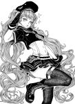  1girl :d boots breasts furauji gloves goddess_of_victory:_nikke greyscale hat long_hair looking_at_viewer midriff miranda_(nikke) monochrome navel open_mouth pleated_skirt pouch salute simple_background skirt smile suspenders thighhighs twintails white_background 