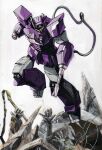  1980s_(style) arm_cannon cable corpse debris decepticon emblem energy_cannon looking_down marble-v mecha no_humans official_style one-eyed retro_artstyle robot ruins science_fiction shockwave_(transformers) victory weapon wreckage 