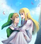  1boy 1girl :d artist_name blonde_hair blue_eyes blue_sky bracelet breasts carrying cloud day dress earrings eye_contact feathers green_headwear hetero jewelry light_brown_hair link looking_at_another medium_breasts outdoors princess_carry princess_zelda sangachie sidelocks sky smile the_legend_of_zelda white_dress 