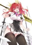  1girl black_thighhighs breasts dress garter_straps hair_ornament hair_ribbon highres holding holding_sword holding_weapon katana large_breasts official_art open_mouth rakudai_kishi_no_cavalry red_eyes red_hair ribbon solo stella_vermillion sword thighhighs twintails weapon won_(az_hybrid) 