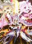  2girls blonde_hair centurion_legatia centurion_primera centurion_trudea duel_monster energy_weapon helmet highres lance mecha multiple_girls noppe orange_eyes pink_hair pointy_ears polearm red_eyes robot weapon yu-gi-oh! 