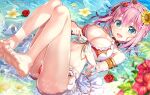  1girl armlet ass bare_shoulders barefoot bikini blue_eyes blush bracelet braid breasts cleavage feet flower fujima_takuya hair_flower hair_ornament jewelry large_breasts looking_at_viewer navel open_mouth pink_hair princess_connect! red_bikini short_hair soles solo sunflower_hair_ornament swimsuit toes water yui_(princess_connect!) yui_(summer)_(princess_connect!) 