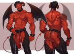  1boy abs absurdres arm_tattoo ass bara beard belt biceps black_hair bracelet choker demon_boy demon_horns demon_tail demon_wings facial_hair highres horns jewelry large_pectorals large_penis leather leather_belt leather_pants looking_at_viewer male_focus manly mature_male muscular muscular_male muto20002 nipples original pants pectorals penis pink_eyes pointy_ears red_eyes short_hair smirk solo spiked_bracelet spikes stomach_tattoo tail tattoo teeth testicles thick_arms thick_thighs thighs undercut veins wings 