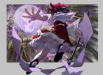  1girl bamboo bamboo_forest black_hair bow chamaruk colored_shoe_soles forest full_moon gohei hair_bow hakurei_reimu highres holding holding_gohei imperishable_night medium_hair moon nature ponytail red_skirt red_vest shoe_soles skirt socks solo touhou vest white_socks wide_sleeves 