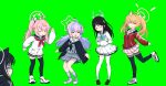  5girls after-school_sweets_club_(blue_archive) ahoge airi_(blue_archive) anger_vein animal_ears black_hair black_skirt black_thighhighs blonde_hair blue_archive blue_hair blush cat_ears closed_eyes dancing food-themed_hair_ornament frown green_halo green_screen hair_ornament hair_ribbon halo highres hood hooded_jacket ice_cream_hair_ornament jacket kazusa_(blue_archive) light_blue_hair long_hair long_sleeves matsumoto_tomoyohi meme multicolored_hair multiple_girls natsu_(blue_archive) neckerchief open_mouth orange_justice_(dance) pink_hair pink_skirt pleated_skirt red_jacket red_neckerchief reisa_(blue_archive) ribbon sailor_collar school_uniform serafuku short_hair side_ponytail skirt smile star_(symbol) star_hair_ornament streaked_hair thighhighs track_jacket twintails two-tone_hair white_serafuku yoshimi_(blue_archive) 