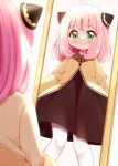  1girl anya_(spy_x_family) blush breasts dress female_child green_eyes hairband highres kiyo_(yamazoe1122) looking_at_mirror looking_at_viewer mirror pink_hair red_eyes smile solo spy_x_family 