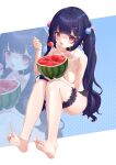  1girl absurdres bikini black_bikini black_choker blue_nails blunt_bangs blush breasts choker collarbone commentary derivative_work eating fang feet food frilled_bikini frills fruit genshin_impact hair_ornament hairclip highres holding holding_food holding_fruit holding_spoon knees_up kuroida long_hair looking_at_viewer medium_breasts nail_polish open_mouth pink_nails pom_pom_(clothes) pom_pom_hair_ornament purple_hair red_eyes sidelocks sitting skin_fang soles solo spoon sweatdrop swimsuit thigh_strap toenail_polish toenails toes topless twintails watermelon yun_jin_(genshin_impact) zoom_layer 