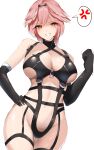  absurdres anger_vein black_gloves breasts brown_eyes cowboy_shot elbow_gloves garter_straps gloves grin hair_wings haneramu highres hololive large_breasts leather_bikini leather_choker navel pink_hair smile speech_bubble takane_lui thigh_strap white_background 