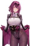  1girl blush breasts collared_shirt commentary cowboy_shot english_commentary eyewear_on_head gloves highleg highres honkai:_star_rail honkai_(series) kafka_(honkai:_star_rail) large_breasts leggings long_sleeves medium_hair parted_lips pince-nez purple_eyes purple_gloves purple_hair purple_leggings ru_zhai shirt shirt_tucked_in simple_background smile solo thighs white_background white_shirt 