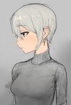  1girl black_eyes earrings expressionless grey_background grey_hair grey_sweater highres idolmaster idolmaster_cinderella_girls jewelry looking_to_the_side profile shioda_(shioda_5) shiomi_syuko short_hair simple_background sketch solo sweater turtleneck turtleneck_sweater upper_body 