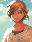  1boy artist_name bellhenge blonde_hair blue_eyes blue_sky closed_mouth cloud commentary day english_commentary grey_shirt hoop_piercing link looking_to_the_side male_focus outdoors pointy_ears shirt short_hair short_sleeves sky smile solo the_legend_of_zelda the_legend_of_zelda:_skyward_sword thick_eyebrows upper_body white_tunic 