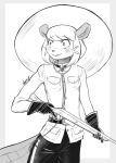  anthro beaver beaver_girl_(peargor) beaver_tail bottomwear canadian clothing female gloves gun handwear hat headgear headwear holding_object holding_weapon mammal monochrome naythf2 pants ranged_weapon rifle rodent royal_canadian_mounted_police solo weapon 