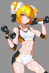  1girl abs absurdres acfun acfun_girl bare_shoulders black_bow black_gloves blonde_hair bow breasts bun_cover clenched_teeth collarbone cowboy_shot double_bun dumbbell elbow_pads exercise gloves grey_background hair_bow hair_bun hands_up highres holding_dumbbell knee_pads lyon5 muscular muscular_female navel short_hair short_shorts shorts small_breasts solo sports_bra stomach sweat teeth thick_eyebrows two-tone_gloves v-shaped_eyebrows very_sweaty weightlifting wet wet_clothes white_gloves white_shorts white_sports_bra yellow_eyes 