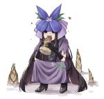  1girl bamboo_shoot black_eyes black_footwear black_gloves black_hair boots china_dress chinese_clothes dress flower flower_on_head food food_print fruit_print gloves grape_print holding holding_food long_hair open_mouth peroponesosu. purple_dress purple_flower short_sleeves simple_background solo touhou unfinished_dream_of_all_living_ghost vine_print white_background yomotsu_hisami 