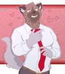 2023 5_fingers absurd_res aggressive_retsuko anthro brown_body brown_fur clothing fingers fur haida hi_res hyena ktart77 looking_at_viewer male mammal necktie sanrio shirt smile solo spots spotted_body spotted_fur spotted_hyena topwear 
