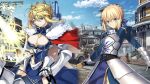  2girls armor artoria_pendragon_(fate) artoria_pendragon_(lancer)_(fate) blue_dress blue_sky cape cloud crown dress fate/grand_order fate_(series) frilled_cape horseback_riding lamppost motor_vehicle multiple_girls red_cape riding road saber sky street 