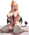  1girl arm_strap barefoot black_collar black_slingshot_swimsuit blonde_hair breasts chainsaw_man cleavage collar demon_girl demon_horns demon_tail demon_wings feikyart garter_straps grey_thighhighs hair_behind_ear hair_between_eyes horns large_breasts long_hair looking_at_viewer low_wings navel o-ring open_mouth power_(chainsaw_man) pubic_tattoo red_horns sharp_teeth sitting skindentation slingshot_swimsuit smile solo swimsuit tail tattoo teeth thighhighs toeless_legwear very_long_hair white_background wings yellow_eyes 