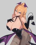  1girl absurdres alternate_costume bare_shoulders bat_wings befe black_gloves black_leotard black_tail blonde_hair breasts brown_pantyhose cleavage collarbone demon_girl demon_tail elbow_gloves fake_nails fang gloves goddess_of_victory:_nikke green_eyes grin hair_intakes hand_on_own_chest head_wings highleg highleg_leotard highres huge_breasts leotard light_blush long_hair looking_to_the_side low_wings pantyhose parted_lips ponytail rupee_(nikke) skin_fang smile solo strapless strapless_leotard tail thick_thighs thighlet thighs very_long_hair wings 
