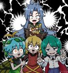  4girls antennae aqua_hair black_bow black_cape black_shirt blonde_hair blue_pants blush bow brown_dress brown_eyes butterfly_wings cape collared_shirt crossed_arms double_v dress empty_eyes eternity_larva fairy green_dress green_hair grey_eyes grey_hair hair_bow highres himemushi_momoyo kurodani_yamame leaf leaf_on_head long_hair long_sleeves multicolored_clothes multicolored_dress multiple_girls open_mouth orange_eyes pants pinafore_dress shirt short_hair short_sleeves sleeveless sleeveless_dress smile solidus_(sword_cube) thumbs_up touhou v white_shirt wings wriggle_nightbug 