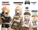  4girls ahoge belt belt_pouch black_belt black_necktie blonde_hair blue_eyes breasts brown_eyes cleavage commentary_request fake_facial_hair fake_mustache fiat frown gmc_(automobile) grin hat highres hip_tattoo hummer jacket jewelry kaito_(stop404man) large_breasts leather_shorts light_brown_hair motor_vehicle multiple_girls necklace necktie original peaked_cap personification petite pouch purple_eyes short_shorts shorts small_breasts smile sweatdrop tattoo 