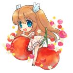  1girl :d alternate_costume back_bow blue_eyes blush_stickers bow casual cherry chibi commentary dress english_commentary eyes_visible_through_hair flower food from_side fruit hair_between_eyes long_hair looking_at_viewer may_salamanya ootori_chihaya open_mouth orange_hair panties petticoat pink_panties red_bow rewrite short_dress smile smug solo standing straight_hair two_side_up underwear v-shaped_eyebrows very_long_hair white_dress white_flower 