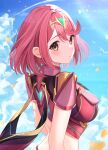  1girl absurdres blue_sky blush breasts cloud cloudy_sky day earrings gem headpiece highres jewelry kaede_(maple4rt) large_breasts looking_at_viewer looking_back pyra_(xenoblade) red_hair short_hair sky solo swept_bangs tiara xenoblade_chronicles_(series) xenoblade_chronicles_2 