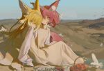  2girls animal animal_ear_fluff animal_ears arknights bird blonde_hair blue_hairband blue_sky brown_dress cloud commentary_request covered_mouth day dress flower fox_ears fox_girl fox_tail green_eyes hair_between_eyes hair_flower hair_ornament hairband highres kitsune long_hair looking_at_viewer looking_to_the_side multiple_girls natalie50780 outdoors pink_hair red_eyes shamare_(arknights) shirt sky sleeveless sleeveless_dress suzuran_(arknights) tail very_long_hair white_flower white_shirt 