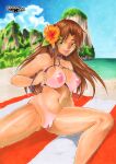  beach bikini breasts brown_hair dark_skin green_eyes highres large_breasts long_hair marker_(medium) non-web_source nude otomo-san pussy summer swimsuit tan tanlines traditional_media water 