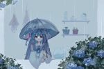  1girl bad_id bad_twitter_id blue_flower blue_hair blue_ribbon blunt_bangs bush detached_sleeves dress fishbowl flower from_outside hair_intakes hair_ribbon hanging_plant holding holding_umbrella hydrangea inactive_account kotonoha_aoi long_hair looking_outside low_tied_sidelocks morning_glory mu_(fyt8ozu7rxqyoy4) neck_ribbon parted_lips plant potted_plant rain red_eyes ribbon shelf sidelocks sleeveless sleeveless_dress solo sprout straight-on through_window two-handed umbrella umbrella_over_shoulder upper_body voiceroid white_dress 