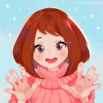  1girl artist_name blue_background blush boku_no_hero_academia brown_eyes brown_hair commentary english_commentary hands_up linda_yan looking_at_viewer medium_hair open_mouth pink_sweater simple_background smile solo sweater teeth turtleneck turtleneck_sweater upper_body upper_teeth_only uraraka_ochako 