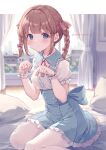  1girl blue_eyes blue_skirt blurry blurry_background blush bow braid breasts brown_hair closed_mouth collared_shirt commission curtains frilled_skirt frills hair_bow hands_up high-waist_skirt highres indoors looking_at_viewer original pantyhose pillow pink_bow puffy_short_sleeves puffy_sleeves ribbon shirt short_sleeves sitting skeb_commission skirt solo twin_braids twintails wariza white_pantyhose white_shirt window wrist_cuffs yoshino_ryou 